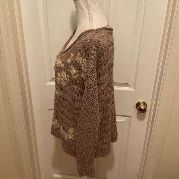 Free People Sweater M Brown Yellow Taupe Applique Long Sleeve Semi-Open Eave NWT - Picture 5 of 11